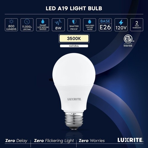 Luxrite A19 LED Light Bulb 8W=60W 3500K 800LM E26 Damp Rated ETL Listed 48-Pack - Picture 7 of 7