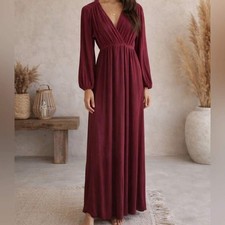 Baltic Born Venus Maxi Dress 3XL Burgundy Pleated Long Sleeve V Neck Formal