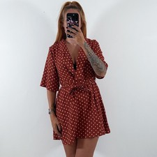 Ladies Pretty Little Thing Terracotta White Spotted Short Sleeved Dress Size 8