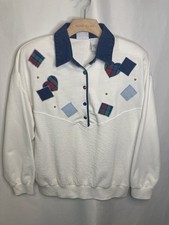 VTG Grannycore Sweatshirt M White Denim Collar Patchwork Cottage Jewel Buttons