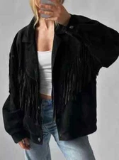Women’s Black Suede Fringe Jacket Vintage Western Cowgirl Leather Oversized Coat