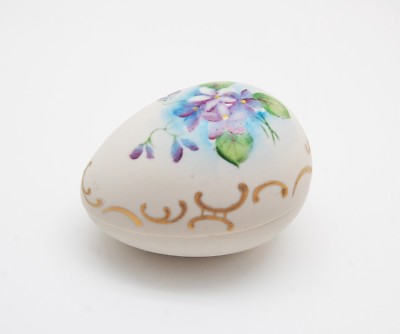 Bisque Porcelain Easter Egg Box Hand Painted Violet Flower 3'' x 2 3/8'' x 2 1/4''