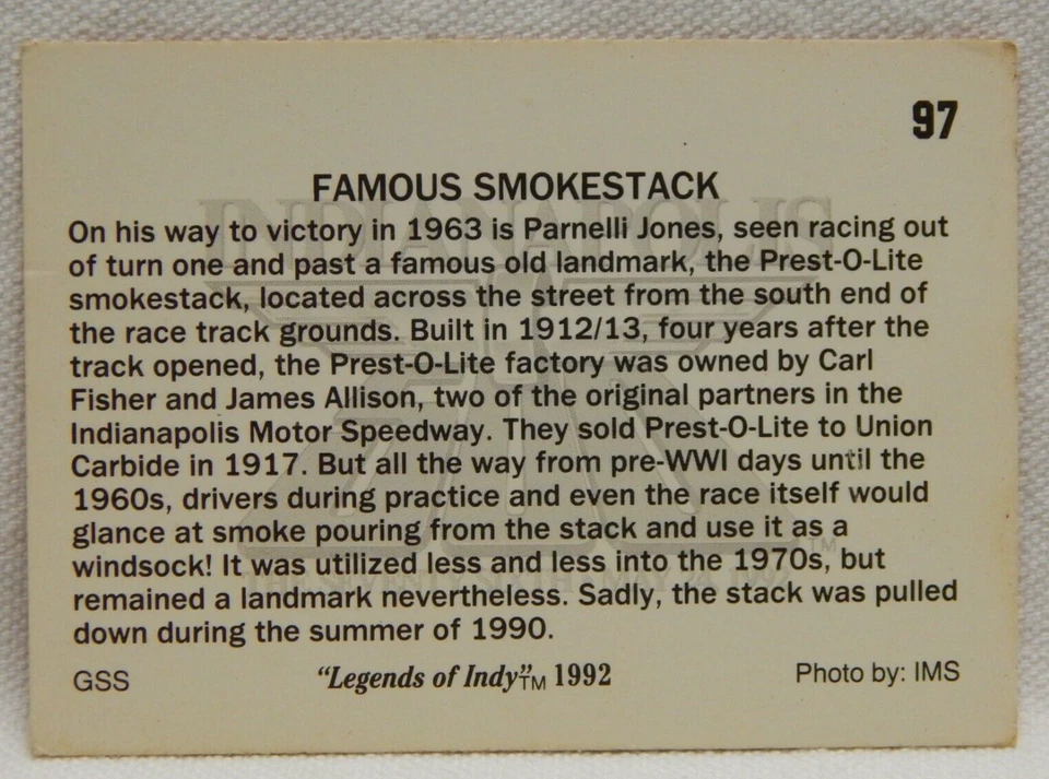 INDIANAPOLIS 500 LEGENDS OF INDY TRADING CARD 1992 - Image 2 of 2