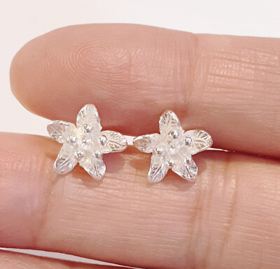 Real 925 Sterling Silver Stud Flower Earrings Charm Lucky Gift Silver SV