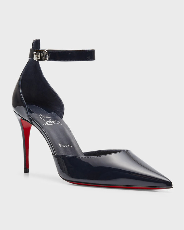 100% AUTHENTIC NEW WOMEN LOUBOUTIN BLUE PATENT LOCK STRAP 85 PUMPS/HEELS US 7.5