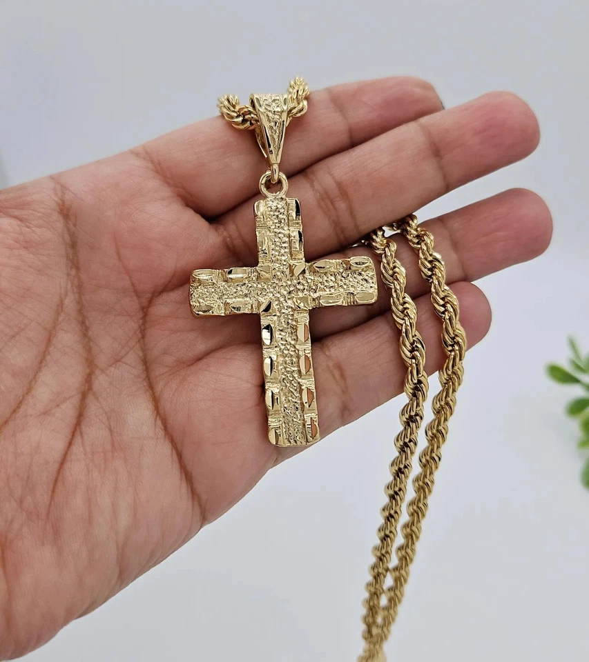 Золотой большой самородок крест подвеска, 14k тяжелое покрытие золото, 5 мм веревки цепи - Изображение 3 из 4