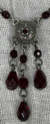 Vintage 90's Y2k Lariat Y Choker Necklace Wine Red Rhinestone & Beads Pewter