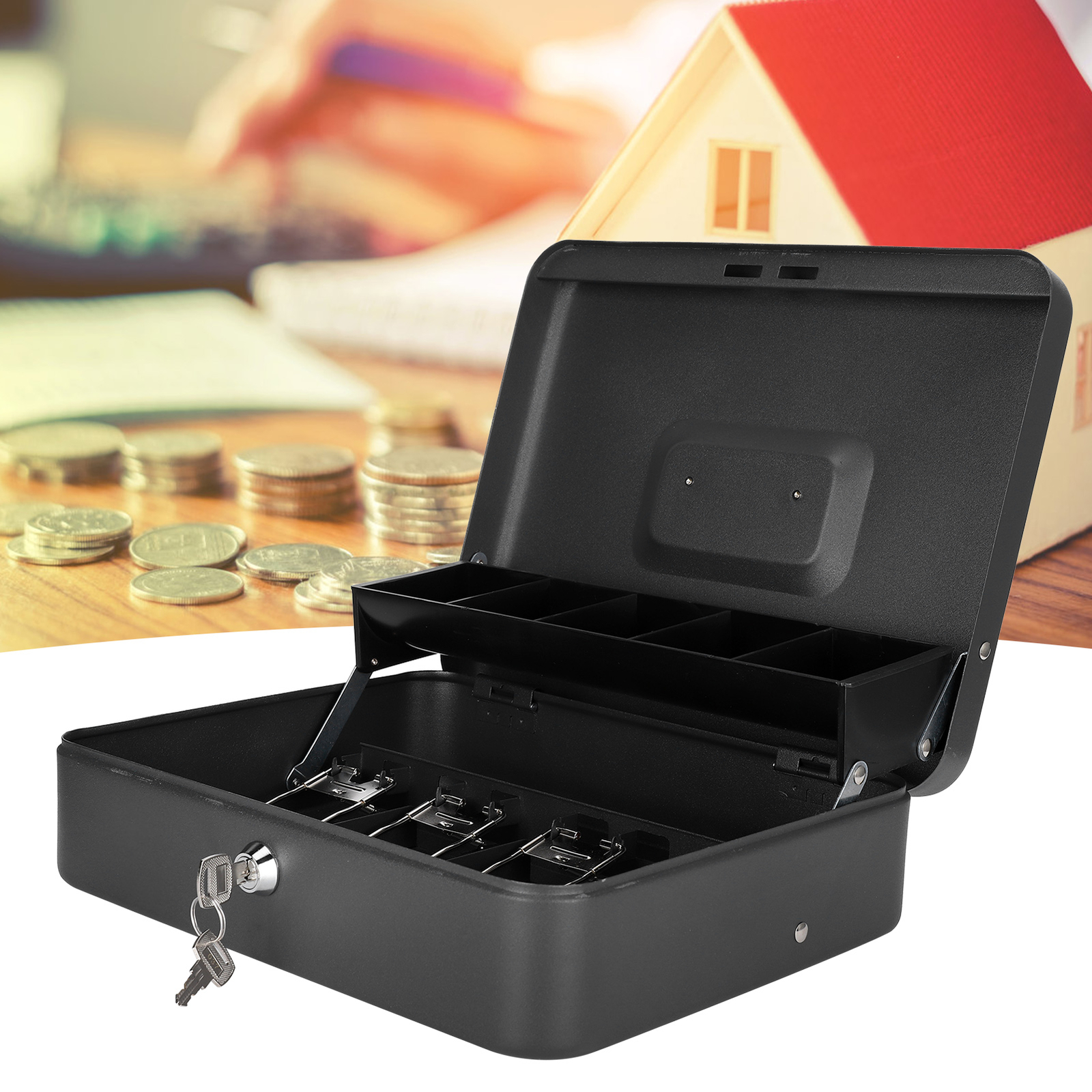 Portable Security Lockable Cash Box Tiered Tray Money Drawer Safe
