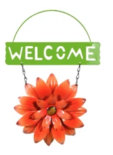 HOME GARDEN POOL YARD PATIO - FLOWER WELCOME SIGN - ORANGE METAL 11" L -  NEW