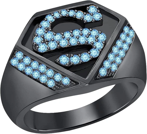 1Ct Lab Created Blue Topaz Superman Logo S Initial Band Ring 14K Black Gold Over