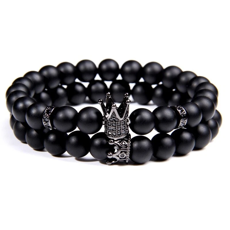Juego de 2 brazaletes corona circonita cúbica 8 mm negro mate ónix cuentas pulsera para mujer hombre regalo Foto 3 de 4