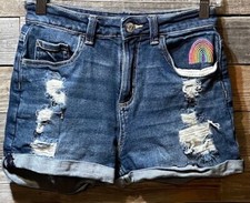 Justice, Blue Jean, Shorts, Girl  s Size 16, Rainbow, Heart,Rolled Up Bottoms,