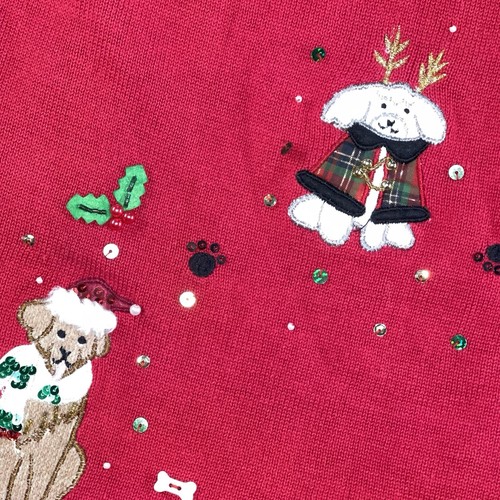 The Quacker Factory Xmas Holiday Knit Sweater Sz Large Sequined Beaded Red Dogs - Picture 6 of 10