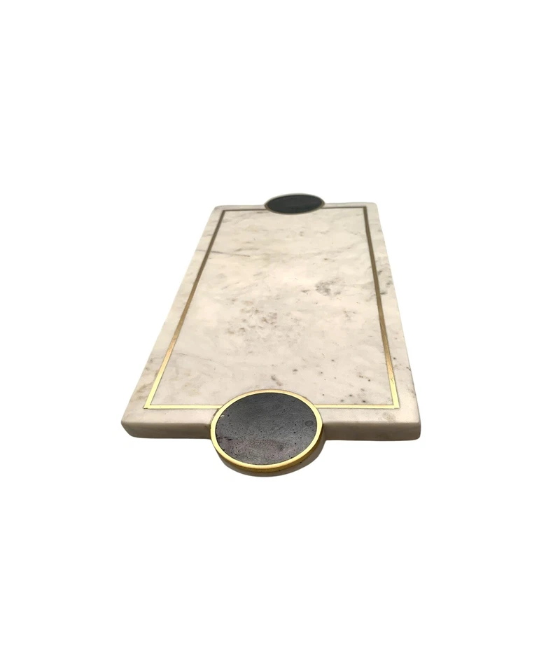 Tray White Marble with Black Stone Handles Heavy Platter with Golden Accent - Image 4 of 4