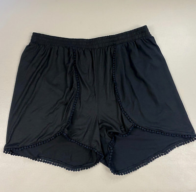 Rue 21 Shorts Womens 1X Solid Black Knit Pull On Pom Trim High Waist 34x3 NEW