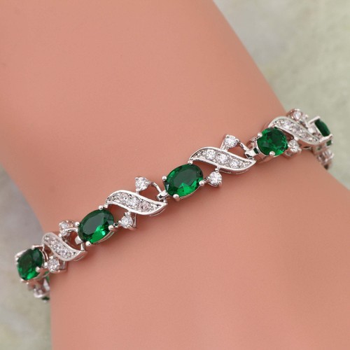 14K W GOLD EP 5 CT DIAMOND SIMULATED EMERALD OVAL CUT TENNIS LINK BRACELET - Picture 3 of 4