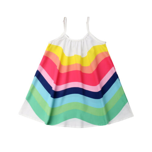 Kids Baby Girls Summer Tutu Dress Toddler Rainbow Strip Princess Party Dress - Picture 3 of 10