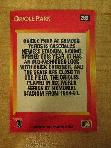 1992 Donruss Triple Play Baseball Oriole Park #263 Baltimore Orioles - Picture 2 of 2
