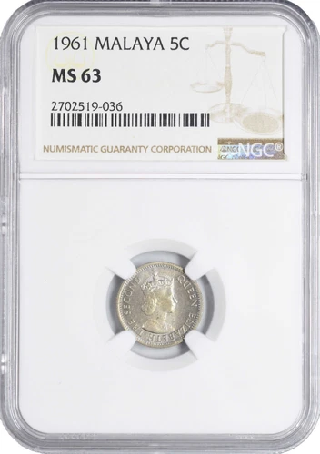 1961 MS63 Malaya 5 Cents NGC UNC KM# 1 186 Registry points!