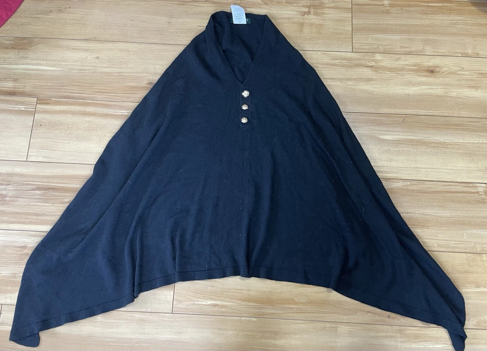 RALPH LAUREN Black Poncho Button Close One Size-See Measurements-Cotton Mix Knit