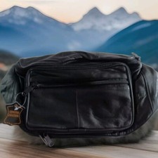 Mega 7 X 14" Black Leather 5 Zip Organizer Waist Fanny Belt Bag Travel Hip Bag
