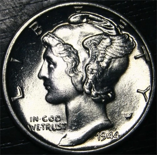 1944 D Mercury Dime 90% Silver 10c US Coin Denver Mint Choice Gem BU Full Bands