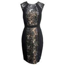 XSCAPE Black Blush Sequin Lace Keyhole Cocktail Dress Sz 8 BodyCon Glam Noir