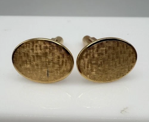 KREMENTZ Cufflinks Oval Texture Gold Tone Citrine Yellow Lucite Accent On Bullet