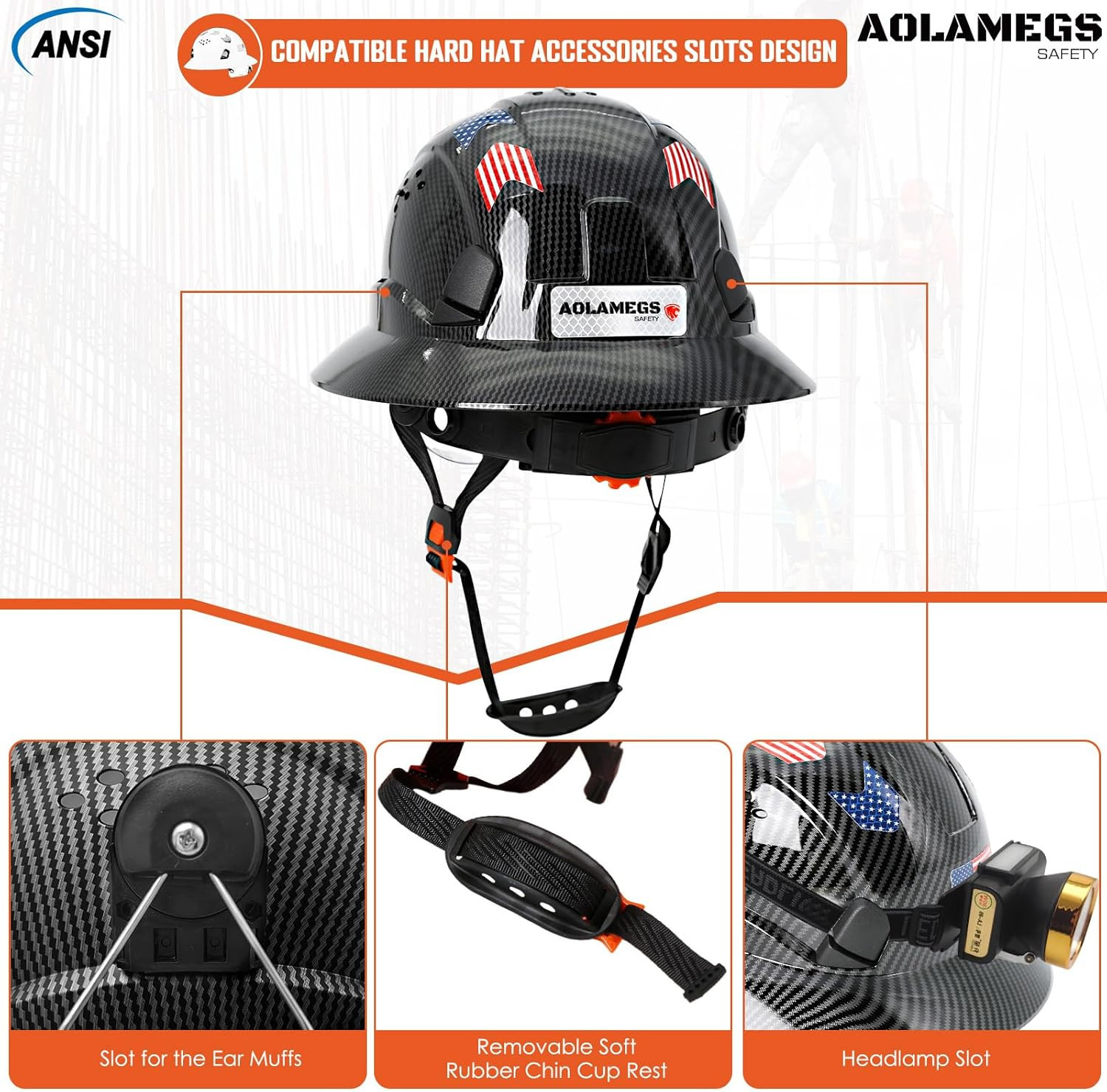 Carbon Fiber Pattern Full Brim Hard Hat with Visor-Osha Approved Construction