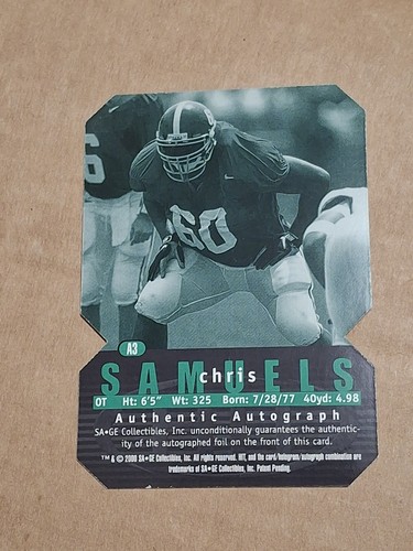2000 CHRIS SAMUELS SAGE HIT NFL HANDSIGNIERTE AUTO ROOKIE KARTE RC #A3 ALABAMA - Bild 2 von 3