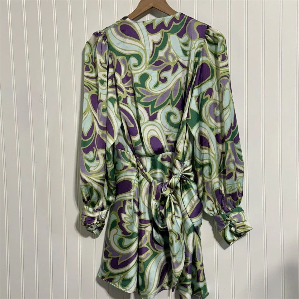 Vestido Forum Mini Vestido Satinado M Púrpura Verde Remolino Psicodélico Años 70 Manga Obispo Foto 3 de 4