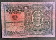 AUSTRIA  1919 old date 1912  100 KRONEN  GRADE  F/VF   P-56   Free Shipping
