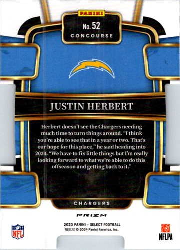 2023 Panini Select #52 Justin Herbert Silver Prizms Die Cuts - Picture 2 of 2