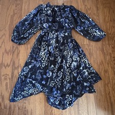 Cato Fairy Navy Floral Midi Dress Sz L Sheer Overlay Tie Neck & Tie Back Boho