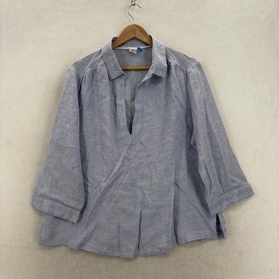 Sigrid Olsen Blouse Womens XL Blue 100% Linen Collared 3/4 Sleeve Tunic Career