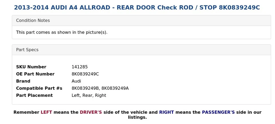 AUDI A4 ALLROAD 2013-2014 - puerta trasera barra de verificación/parada 8K0839249C Foto 4 de 4