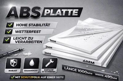 ABS Kunststoffplatte 1000x490mm- Weiss-Stärken 1-2-3-4 mm-Einseitige Schutzfolie - Bild 1 von 2