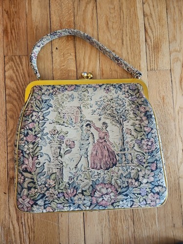 Vintage Tapestry Purse Carpet Bag Dancing Couple Romance Brass Kiss Clasp