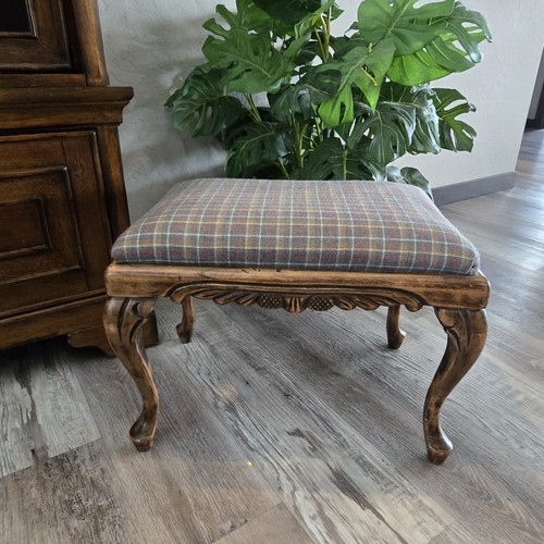 Vtg Mid Century Modern Retro Plaid Gingham Wood Ottoman Footstool Queen Anne