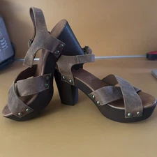 Mila Paoli Brown Distressed Leather Chunky Block Heel Sandals W7.5 Made In Italy