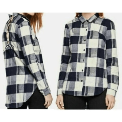 BCBGENERATION Plaid Lace-up Back Cotton Flannel Button-Down Shirt Size M NWT