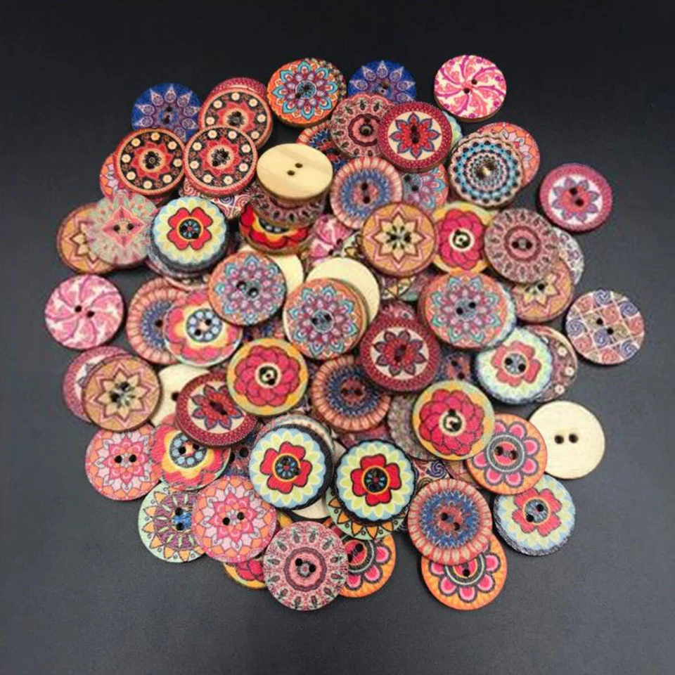 100pcs 2 Holes Mixed Boho Flower Wooden Button Sewing Scrapbooking DIY Craft - Image 2 of 4