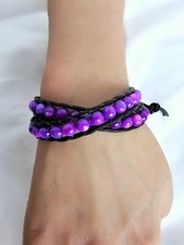 Women's Bracelet Purple Glass Beads Double Wrap Bracelet On Fine Leather