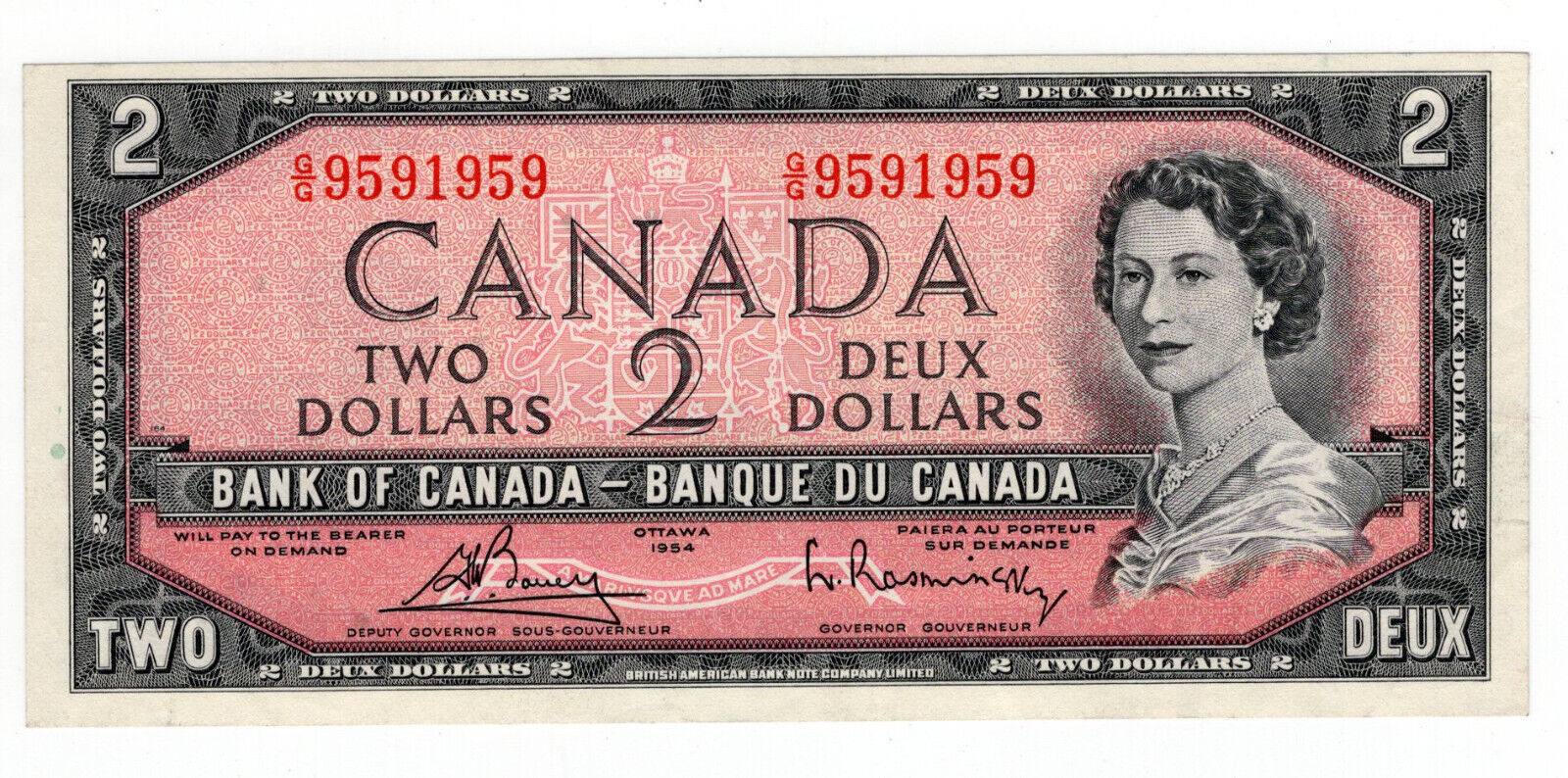 1954 Bank of Canada $2 Two Dollars Note Bouey-Rasmisnky G/G Prefix EF/AU 9591959