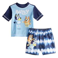 Toddler Boy Bluey 2 Piece Rash Guard and Swim Trunks Swimsuit Set Size 2T Beach