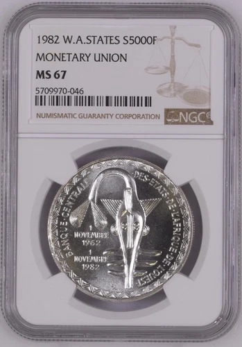 1982 WEST AFRICAN STATES SILVER 5000 FRANCS MONETARY UNION -NGC MS 67 / TOP POP