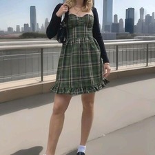 NWT! Cider Ruffled Hem Mini Dress Green Plaid Women's Sz Small