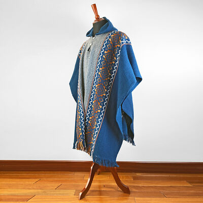 Llama Wool Mens Unisex South American Hooded Poncho Cape Coat Jacket Navy Blue