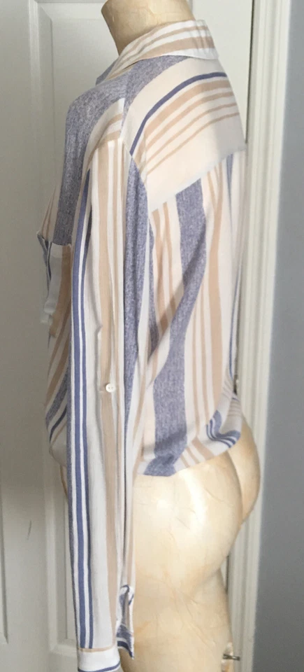 Paper Crane Women's Size S Striped Shirt Blue Badge Roll Tab Sleeve Tie Up - Image 3 of 4