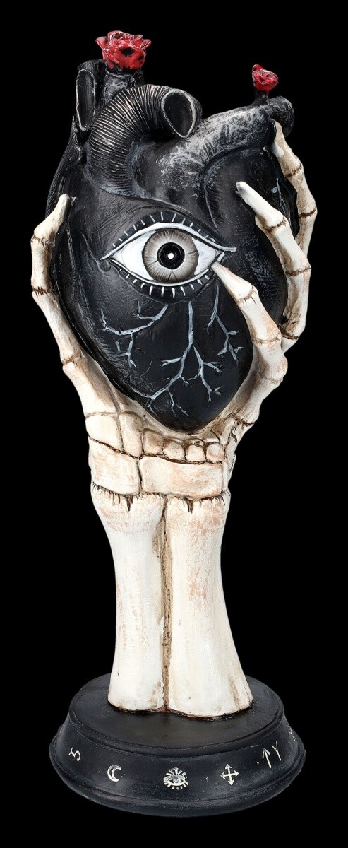 Fantasy Gothic Decorations - Skeleton Hand Holds Black Heart 33.5cm Figur